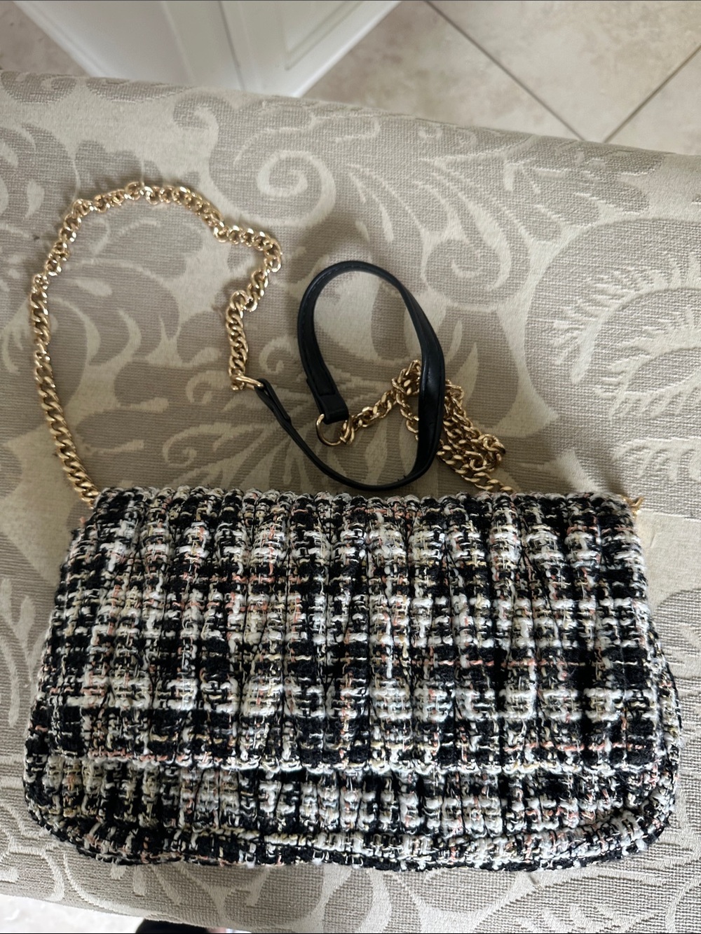 Chic Black & White Tweed Crossbody Bag with Gold Chain